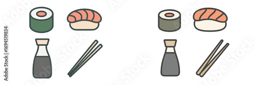 Traditional Japanese food icon set featuring sushi, maki roll, nigiri, soy sauce, and chopsticks in a flat design style isolated on a white background