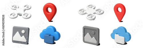 Volumetric 3D symbols with a quadcopter drone, red map pin, cloud storage folder, and picture for modern user interface design