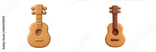 Cute cartoon guitar and ukulele musical instrument icon set with a minimalist 3D style isolated on a white background