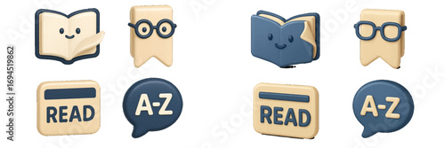 3D cute reading and education icon set with a smiling book character, a bookmark with glasses, and a dictionary A-Z symbol for learning and literature concepts