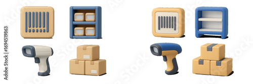 Icon set for logistics and warehouse management featuring a barcode scanner, cardboard boxes, and storage shelves