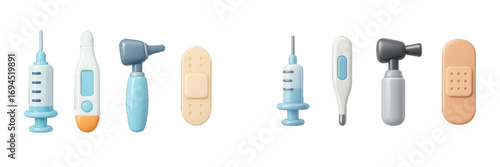 Collection of medical equipment including a syringe, digital thermometer, otoscope, and adhesive bandage for healthcare and hospital themes