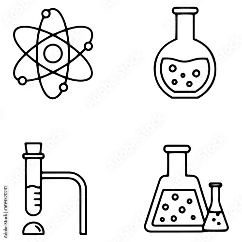 Chemistry and Physics Vector Icon Set: Black and White Line Art Illustrations of an Atom, Laboratory Flasks, and Distillation.

