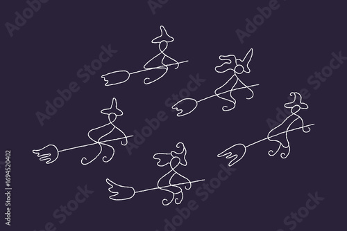 Witches flying on broomsticks hand drawn vector illustration