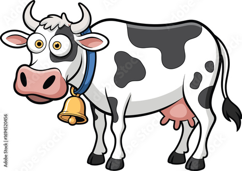 Flat vector illustration of cartoon dairy cow with bell, standing, black and white spots, livestock animal, farm pet, funny expression.