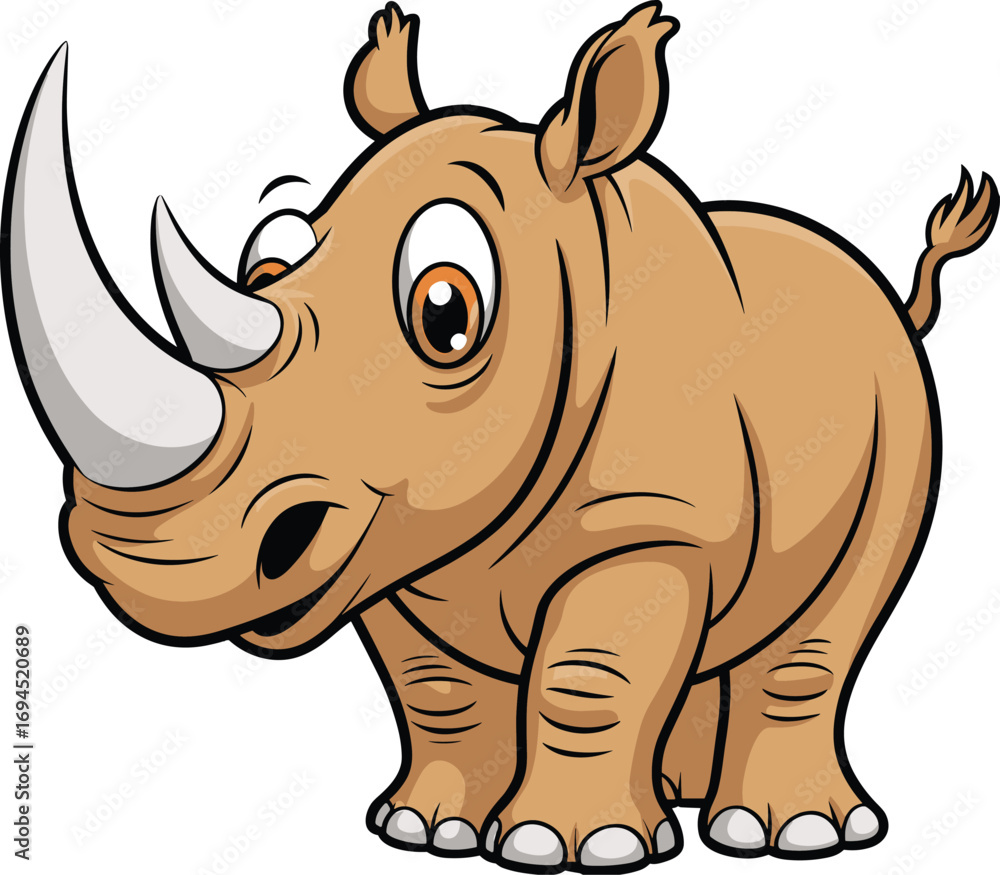 Fototapeta premium Cartoon rhinoceros, vector animal, smiling rhino, kids illustration, playful wildlife, children clipart, friendly horned beast, jungle character, fun drawing, educational art