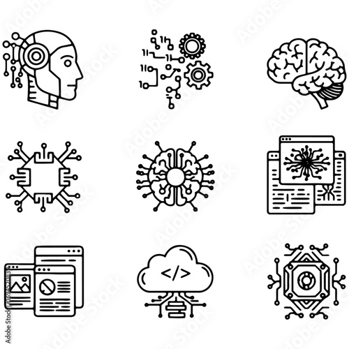 Black and White Vector Set of Generative AI Icons: Representing Digital Creation in Art, Music, Data, and Multimedia with Clean Line Art.

