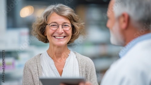 Happy mature woman smiling and engaging in conversation with healthcare professional in a clinical setting