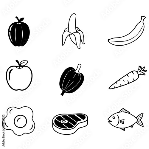 Black and White Food Icons Set - A vector illustration featuring various fruits, vegetables, and proteins for healthy eating concepts.

