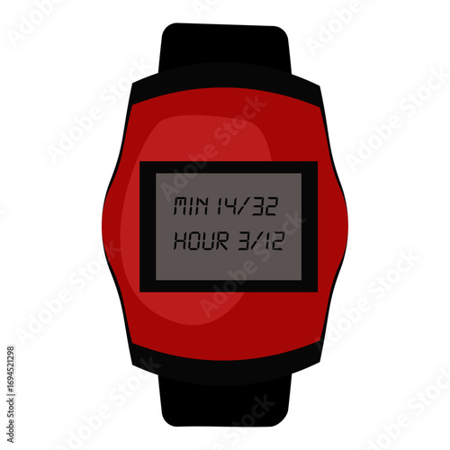 Vector illustration of a modern red smart watch with a digital display isolated on white