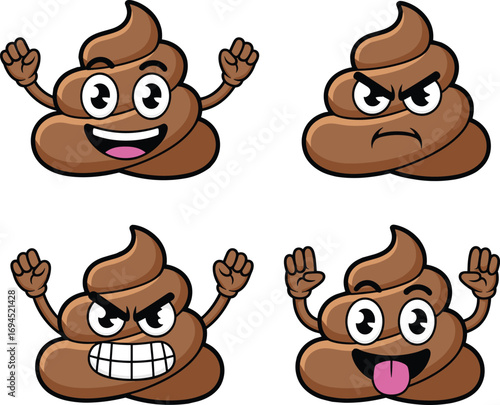 Flat vector illustration of cartoon poop emoji characters with different funny and angry expressions, cute doodle style icons for humor design.
