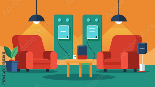 A lounge area with comfortable chairs and charging stations for electronic devices