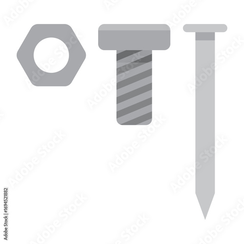 Flat vector icon set of construction hardware with nut, bolt and nail