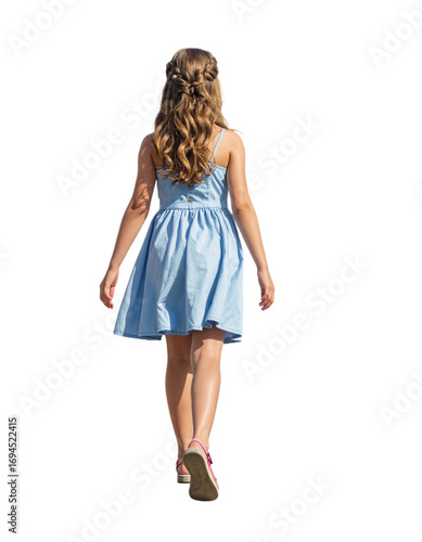 walking girl in a blue dress, view from behind, isolated on transparent background
