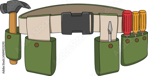 Cartoon tool belt, vector illustration, handyman equipment, construction tools, hammer and screwdrivers, repair gear, DIY clipart, worker pouch design
