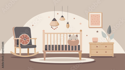 A neutraltoned nursery with a wooden crib and a cozy rocking chair. The walls are decorated with an alphabet print and a dream catcher hangs from the ceiling.