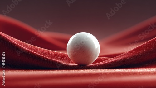 White sphere rests on crimson fabric folds