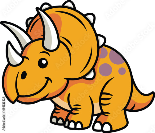 Cartoon triceratops, vector dinosaur, orange body, purple spots, smiling face, kids illustration, prehistoric animal, friendly character, white horns, educational clipart