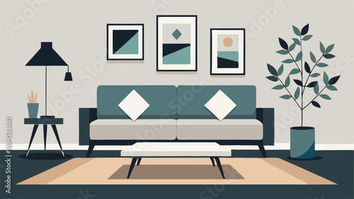 A modern living room with a low modular sofa and a geometric rug. The walls are decorated with a few sleek black and white photographs and there is a small bonsai tree on a