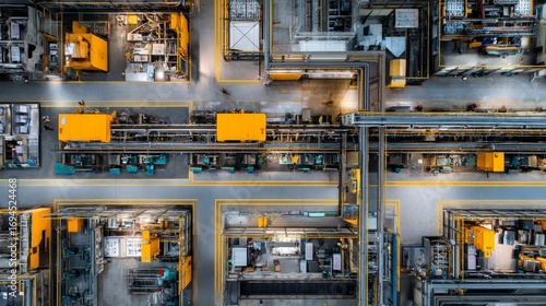 Aerial View of Large Factory with Machinery in Operation