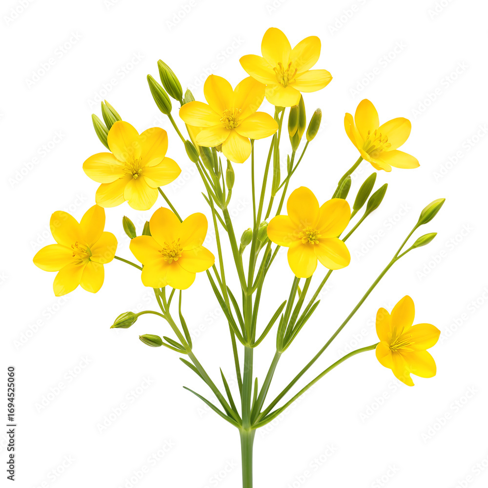 Fototapeta premium A delicate cluster of bright yellow star shaped flowers with green stems and buds isolated on transparent background