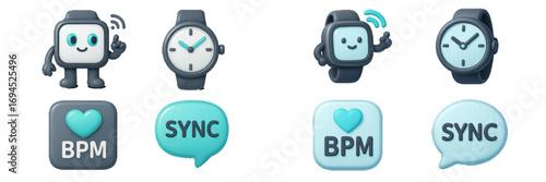 Smartwatch and health monitoring icons with cute animated characters, timepieces, and data synchronization symbols