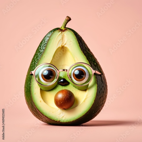 Funny cartoon avocado character with glasses and cute face.