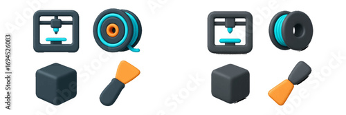 Stylized 3D printer, filament spool, cube, and spatula icons for modern manufacturing and design processes