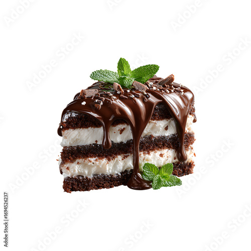 a piece of chocolate mint cake with dark brown liquid drizzled on top isolated on a transparent background, in a PNG format