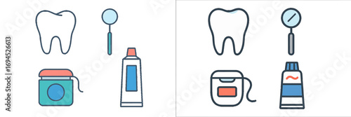 Dental hygiene icon set with tooth, floss, toothpaste, and dental mirror for oral health and dentistry concepts