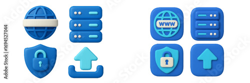 Digital service icons featuring internet globe, data server, security shield, and file upload for web applications