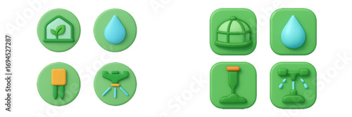Green gardening and nature icons in modern 3D style featuring greenhouse, water drop, birdcage, trowel, sprinklers