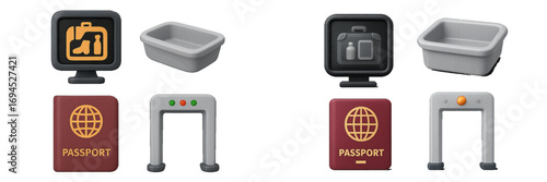 Airport security checkpoint showing luggage scanner, passport, metal detector, and tray for travel