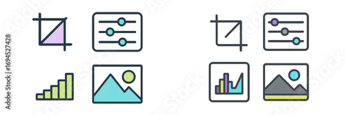 Essential digital interface symbols for photo editing, data analysis, and customizable application settings