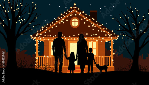 Family standing together in front of a decorated house at night - Concept of New Year, Christmas  