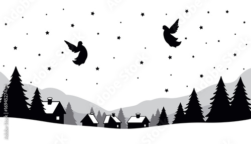 Snowy winter landscape with angels above houses and pine trees for Christmas  