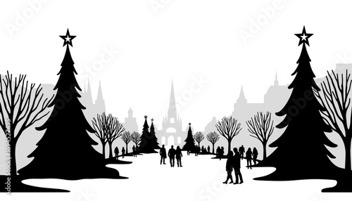 Silhouette of people walking among Christmas trees in winter landscape - Concept of New Year, Christmas  