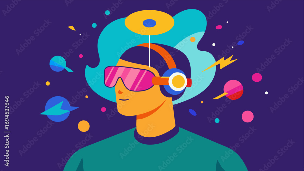 Naklejka premium Artistic Expression An artist using a BCI headset to create digital artwork that appears to emerge from their thoughts with vibrant colors and shapes radiating from the brain.