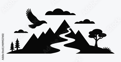Mountain landscape with eagle and river black and white illustration