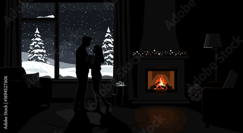 Couple dancing by the fireplace in cozy home during winter season, concept of New Year, Christmas  
