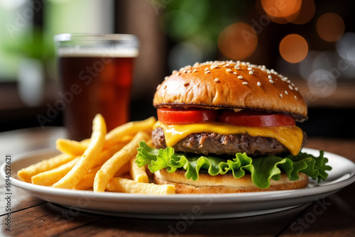 delicious hamburger and french fries with ketchup and glass of drink on wooden table