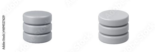 Minimalist composition with two symmetrical stacks of three smooth gray cylindrical objects on a white background