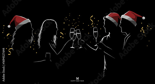 Group of friends toasting with champagne in Santa hats celebrating Christmas  