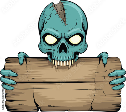 Cartoon zombie skull, glowing eyes, stitched forehead, horror character, wooden signboard, spooky hands, vector illustration, Halloween theme, scary undead design