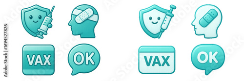 Medical health protection and recovery concepts: vaccination shield, syringe, bandaged head, positive messages