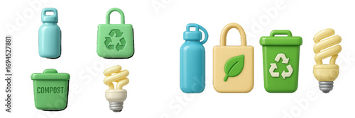 Sustainable living items including reusable bottles, eco bags, compost bin, and energy-saving bulbs