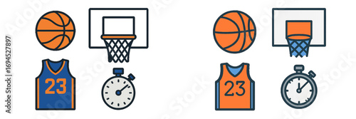 Basketball sport game equipment and accessories featuring a ball, hoop, jersey, and stopwatch for athletic themes