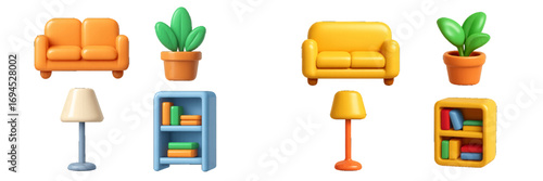 Assortment of colorful stylized minimalist home furniture and decor objects including sofas, lamps, plants, and bookshelves