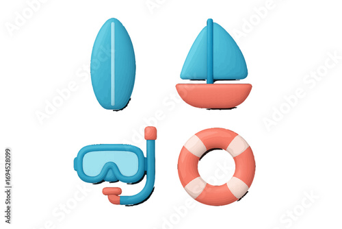 Colorful summer beach and ocean vacation elements: surfboard, sailboat, diving mask, snorkel, lifebuoy
