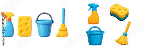 Vibrant collection of household cleaning tools and supplies including spray bottles, sponges, buckets, and brooms for domestic chores